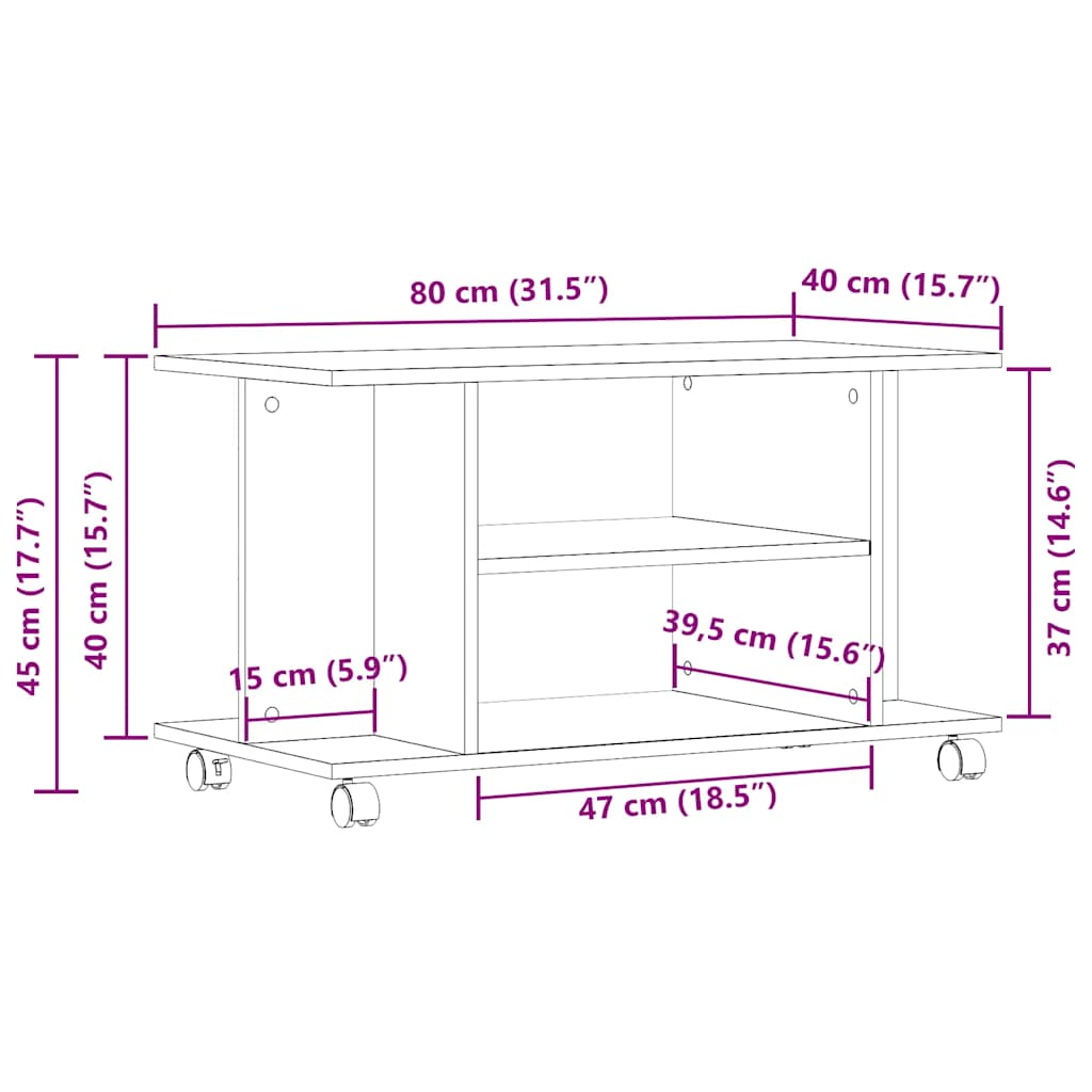 TV-meubel met wielen Zwarte eik 80x40x45 cm Engineered Wood