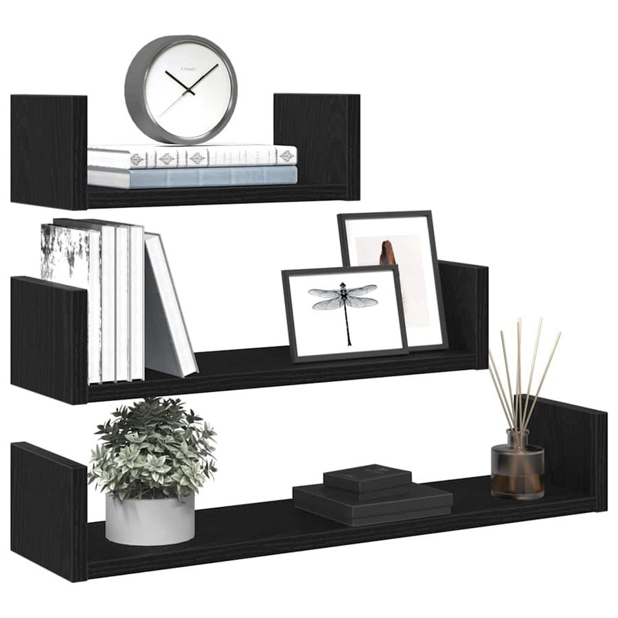 Wandschappen 3 st bewerkt hout zwart eiken