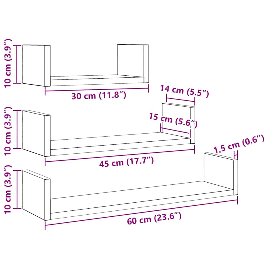 Wandschappen 3 st bewerkt hout zwart eiken
