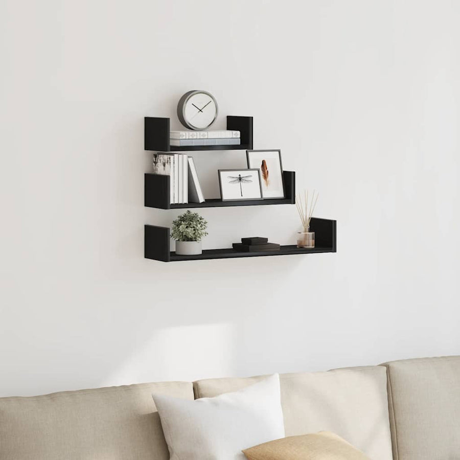 Wandschappen 3 st bewerkt hout zwart eiken