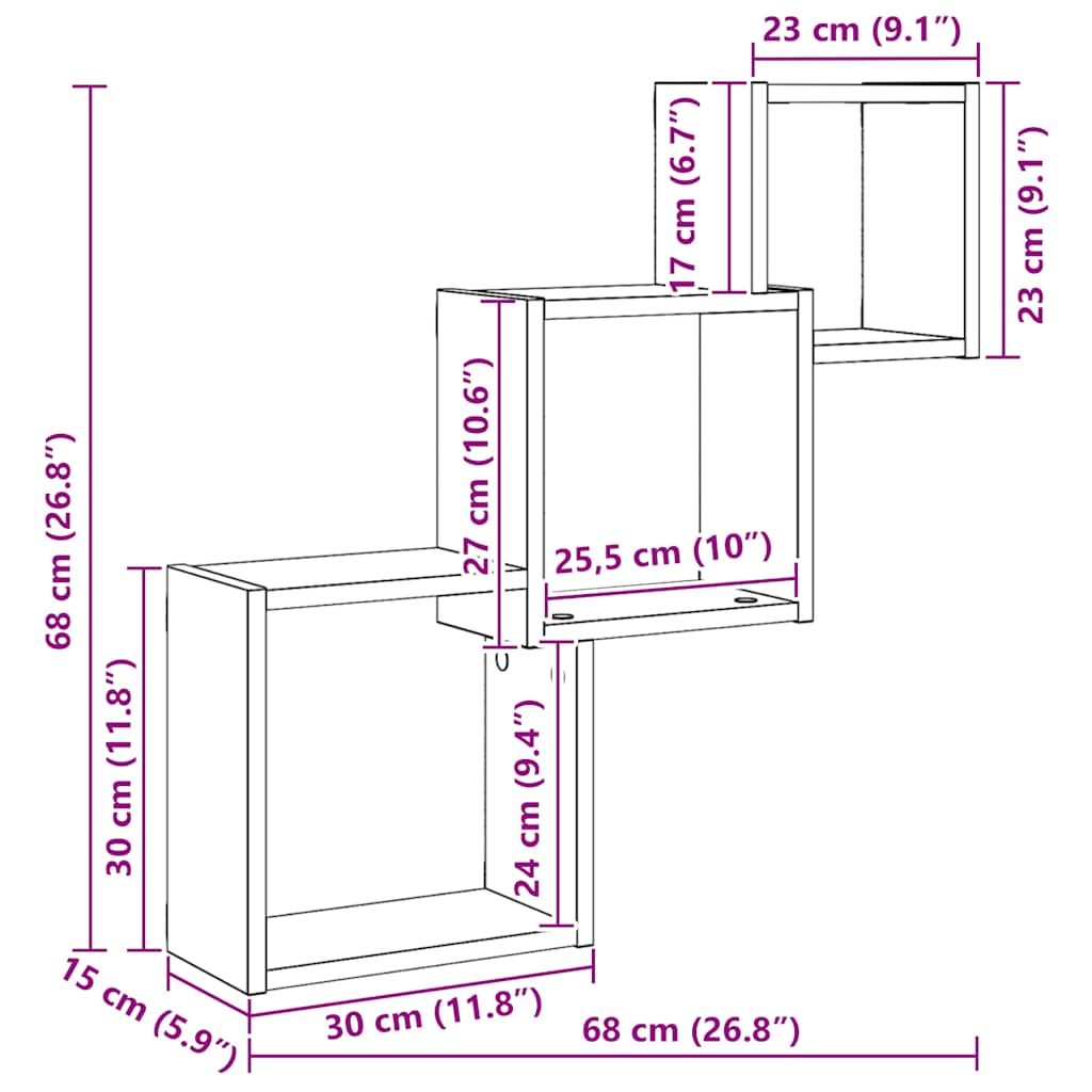 Wandplanken kubus 68x15x68cm bewerkt hout zwart eikenkleur