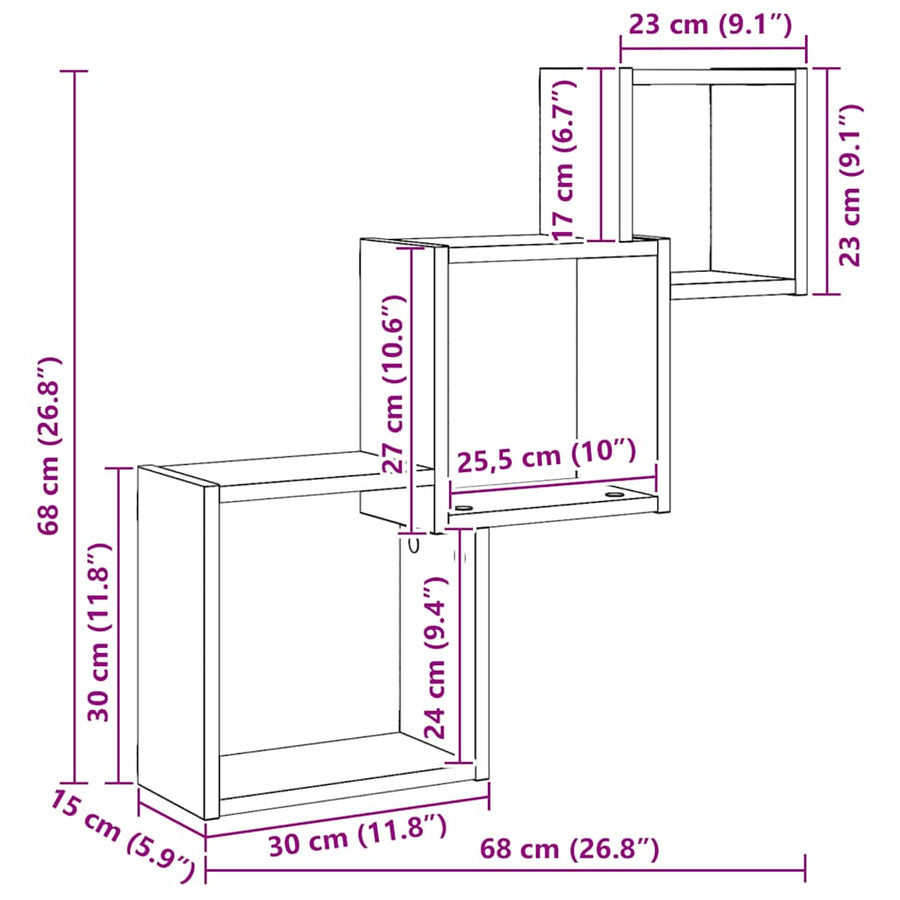Wandplanken kubus 68x15x68cm bewerkt hout zwart eikenkleur
