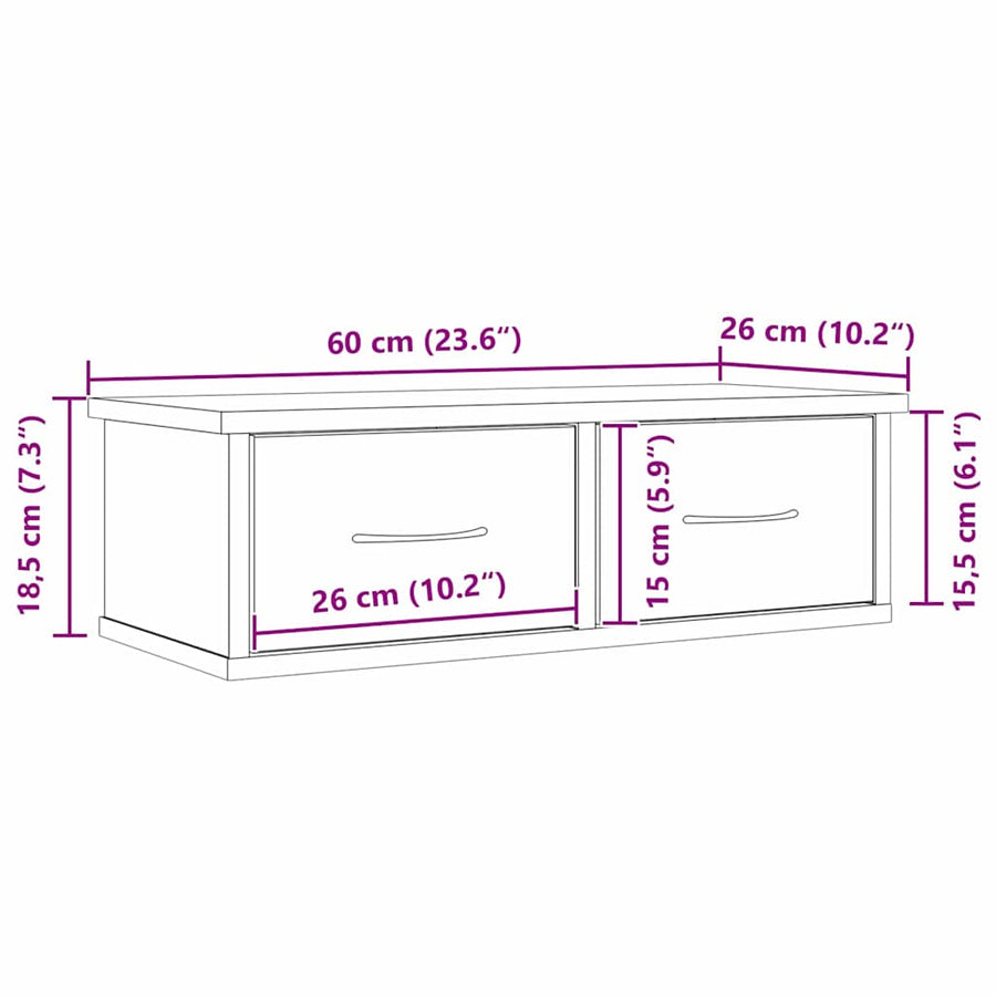 Wandkast met lade Zwart Eiken 60 x 26 x 18,5 cm Bewerkt hout