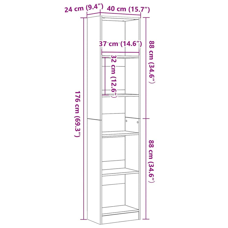 Boekenkast Zwart Eiken 40x24x176 cm Engineered Wood