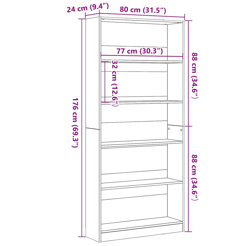 Boekenkast 80X24X Spaanplaat Kleurig Zwart Eiken 80 cm 176 cm