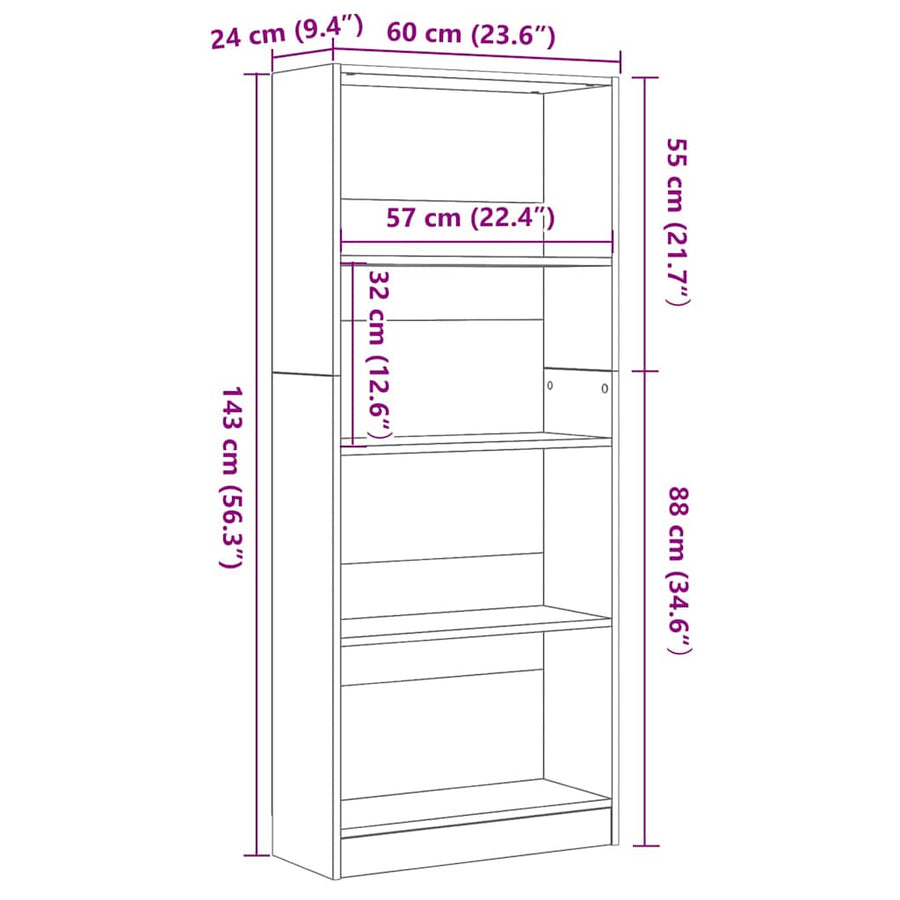 Boekenkast Zwart Eiken 60 x 24 x 143 cm Bewerkt hout