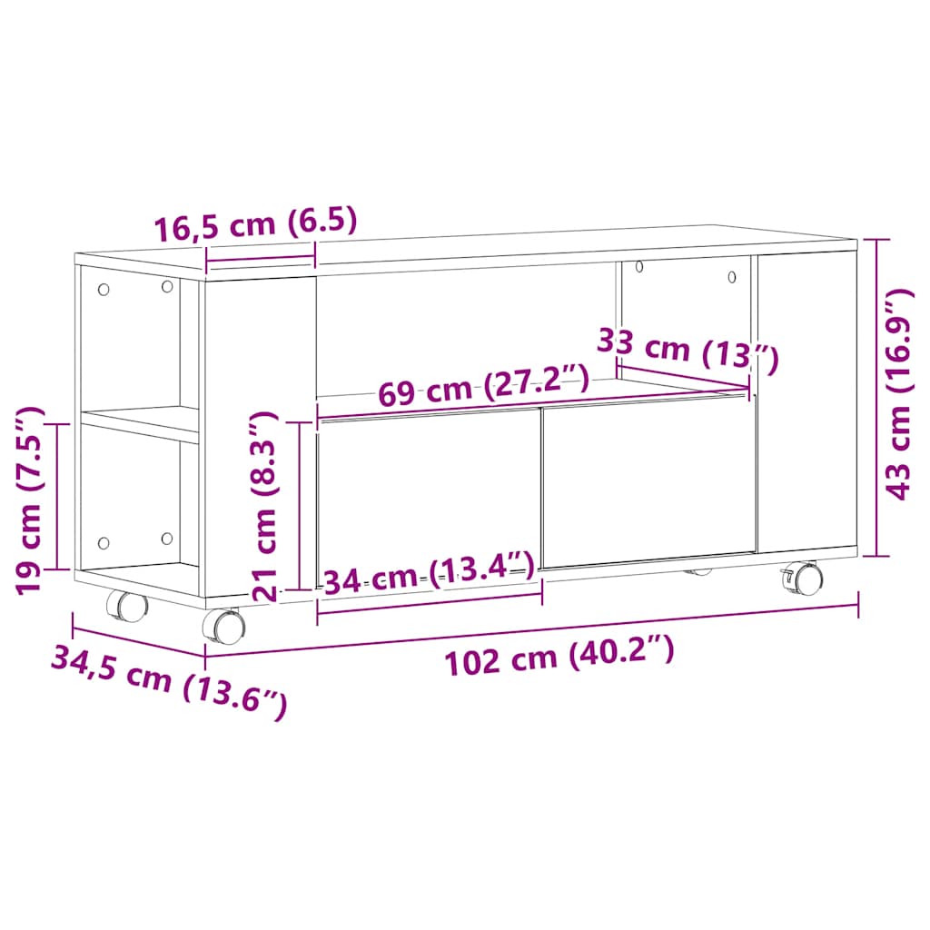 Tv-Meubel Wielen 102X34,5X43 Cm Spaanplaat Kleurig Zwart eiken