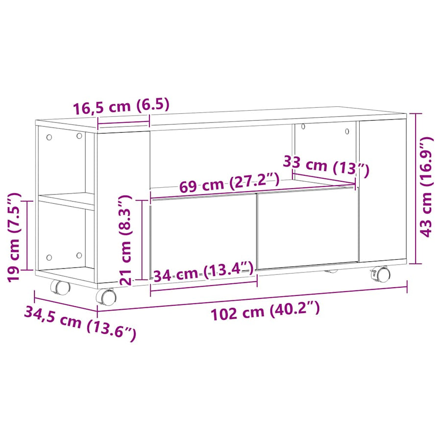 Tv-Meubel Wielen 102X34,5X43 Cm Spaanplaat Kleurig Zwart eiken