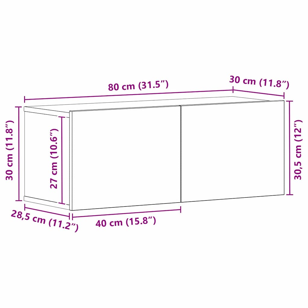 TV-kast Wandgemonteerd Zwart Eiken 80 x 30 x 30 cm Bewerkt hout
