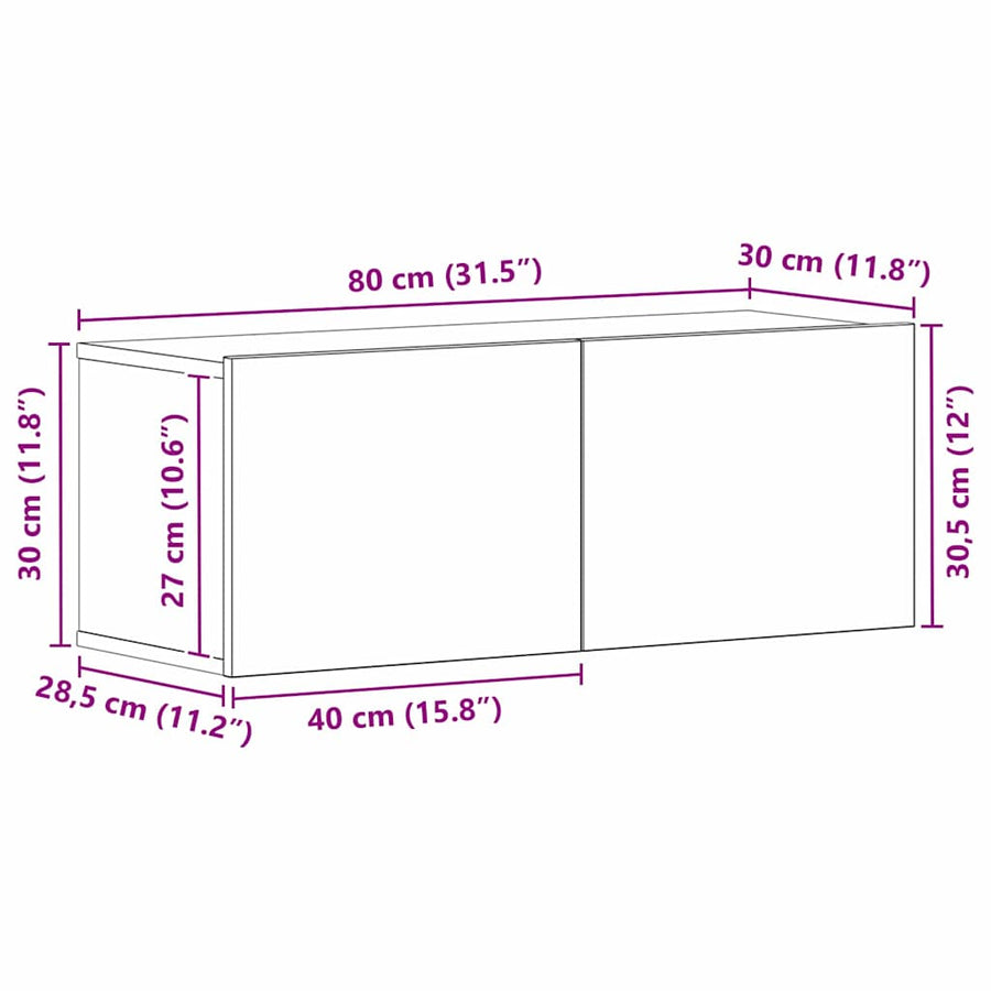 TV-kast Wandgemonteerd Zwart Eiken 80 x 30 x 30 cm Bewerkt hout