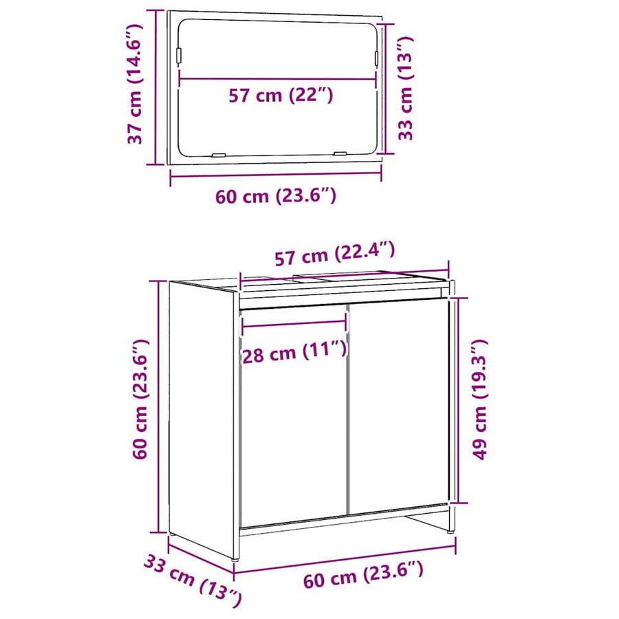 Badkamer Kast Zwart Eiken 60 x 33 x 60 cm Bewerkt hout