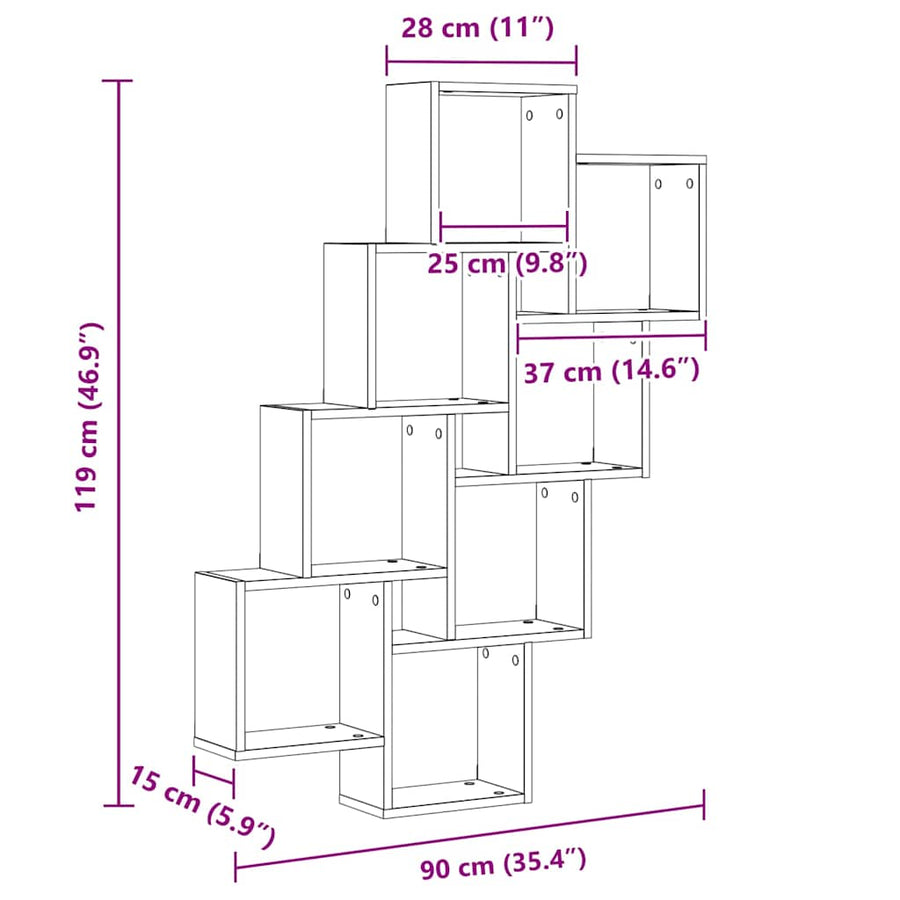 Wandplank met plank Zwart Eiken 90 x 15 x 119,5 cm Bewerkt hout
