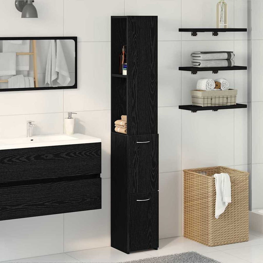 Badkamer Kast Zwart Eiken 25 x 25 x 170 cm Bewerkt hout