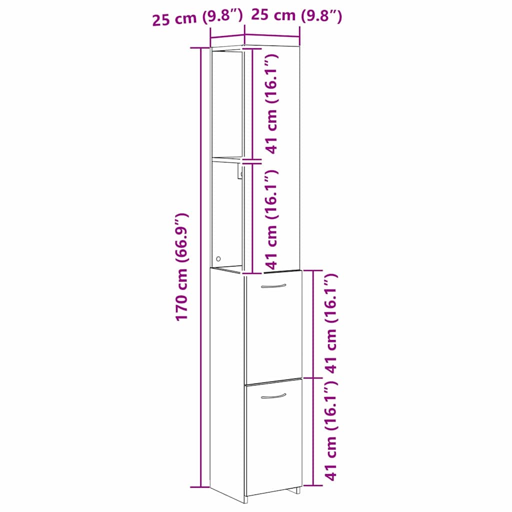 Badkamer Kast Zwart Eiken 25 x 25 x 170 cm Bewerkt hout