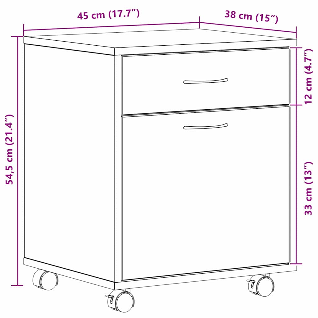 Rolcontainer met wiel Zwart eiken 45 x 38 x 54 cm Bewerkt hout