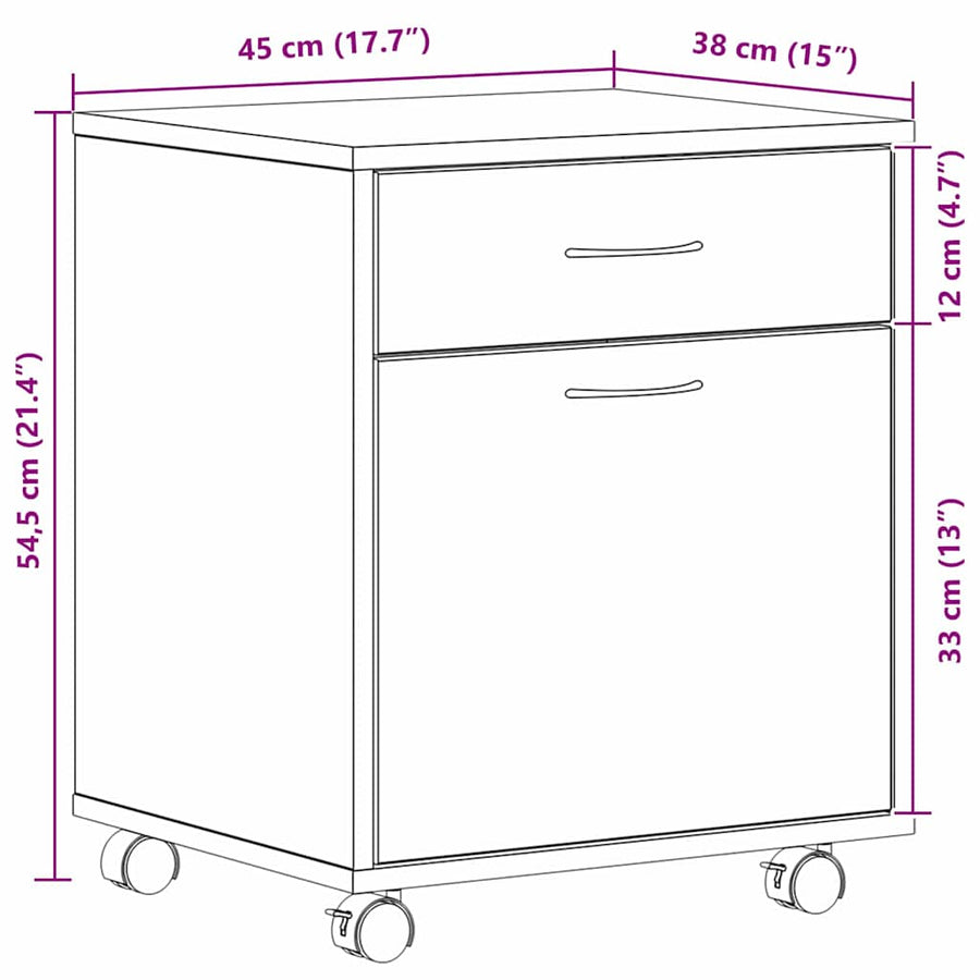 Rolcontainer met wiel Zwart eiken 45 x 38 x 54 cm Bewerkt hout