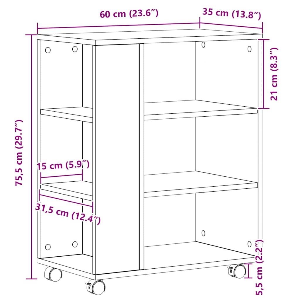 Opbergkast met wiel Zwart Eiken 60 x 35 x 75 cm Bewerkt hout