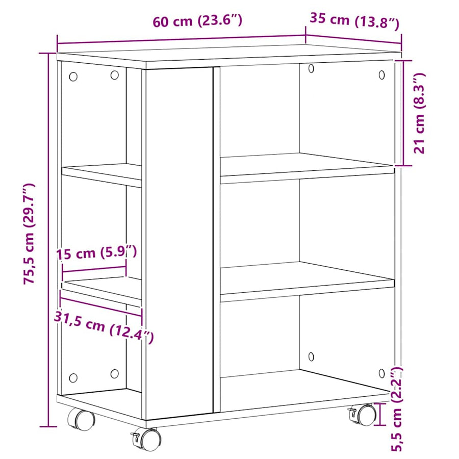 Opbergkast met wiel Zwart Eiken 60 x 35 x 75 cm Bewerkt hout