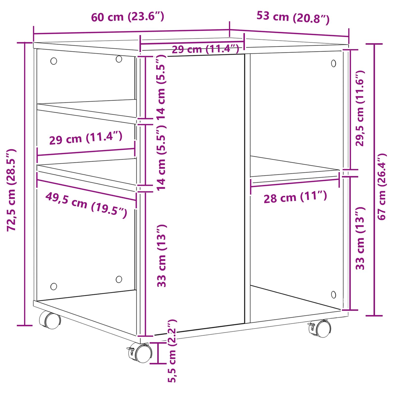 Opbergkast met wiel Zwart Eiken 60 x 53 x 72,5 cm Bewerkt hout