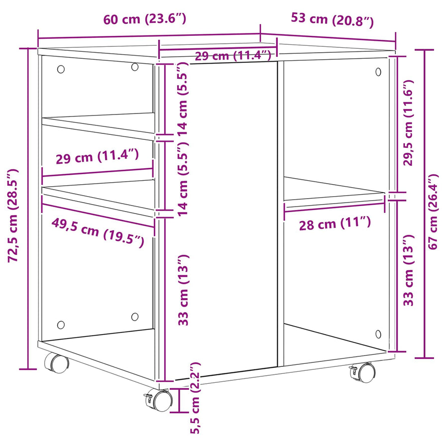 Opbergkast met wiel Zwart Eiken 60 x 53 x 72,5 cm Bewerkt hout