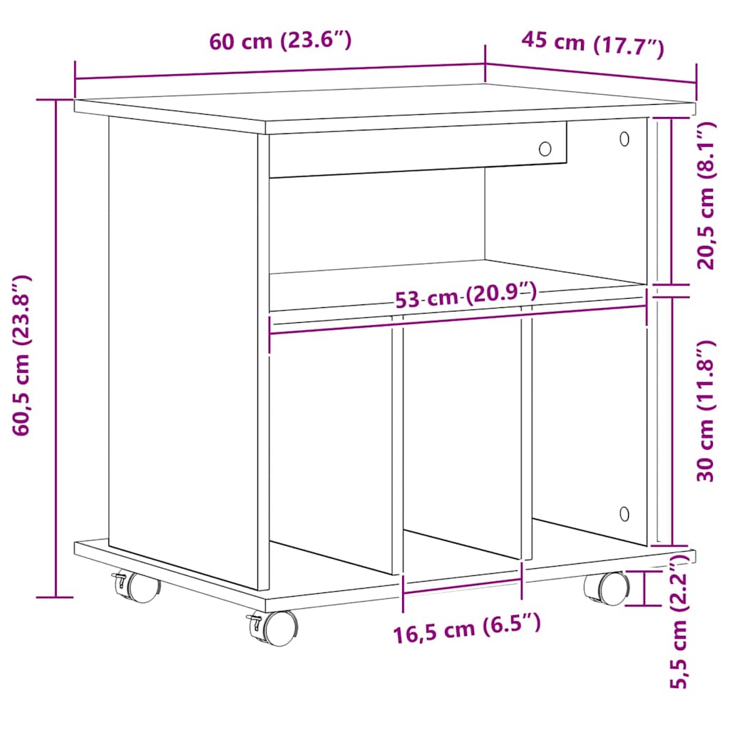 Rolling Kast met wiel Zwart Eiken 60 x 45 x 55 cm Bewerkt hout
