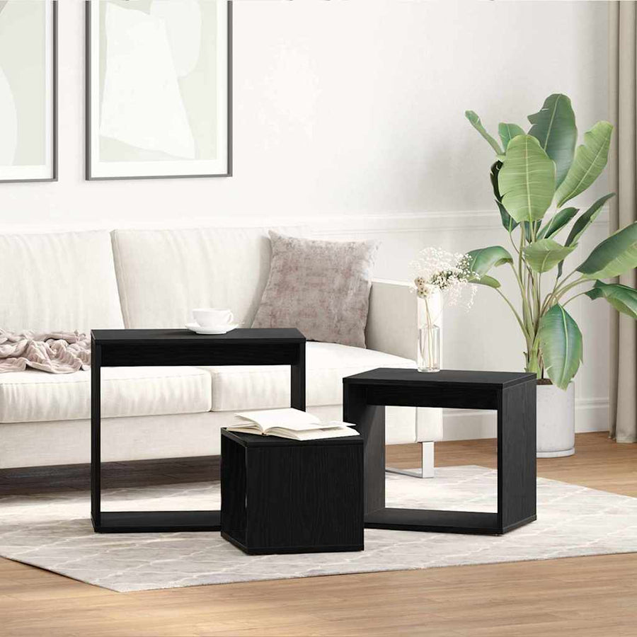 Nesttafel 3 pcs Zwart Eiken Bewerkt hout