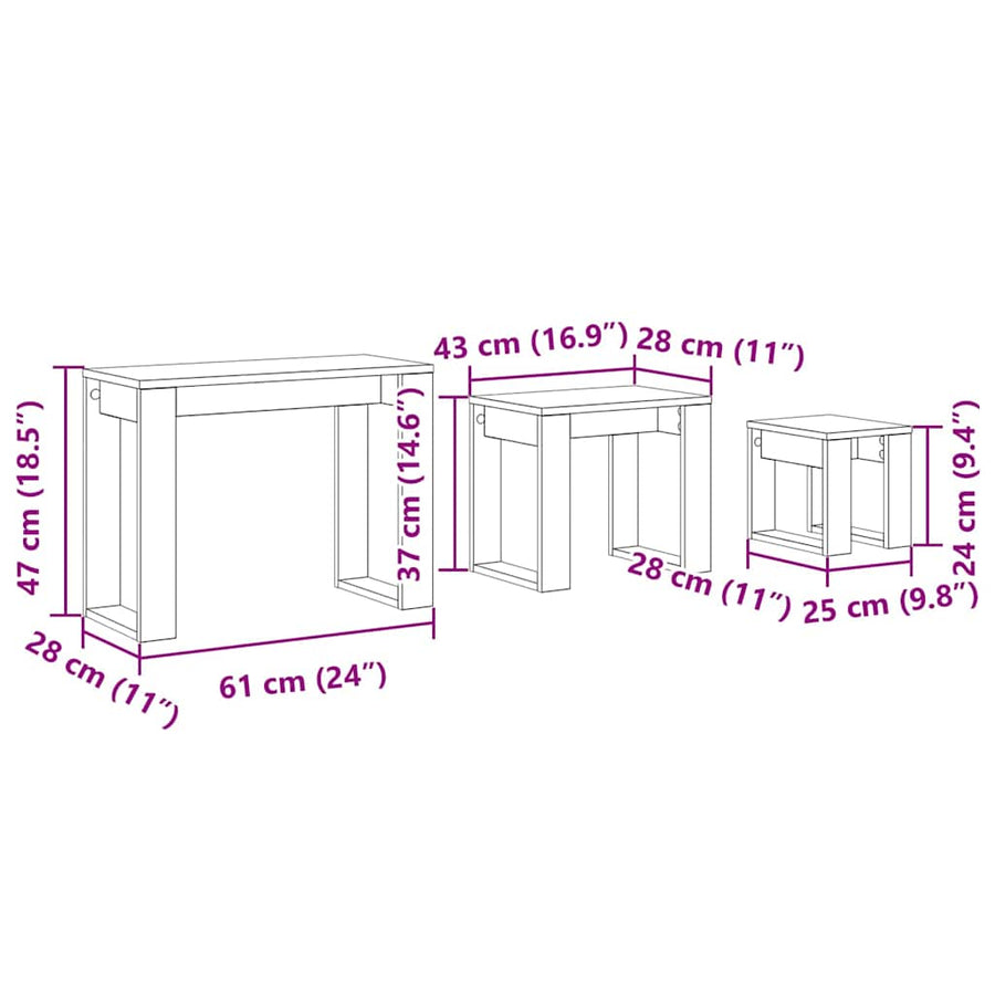 Nesttafels 3 pcs Zwart Eiken Bewerkt hout