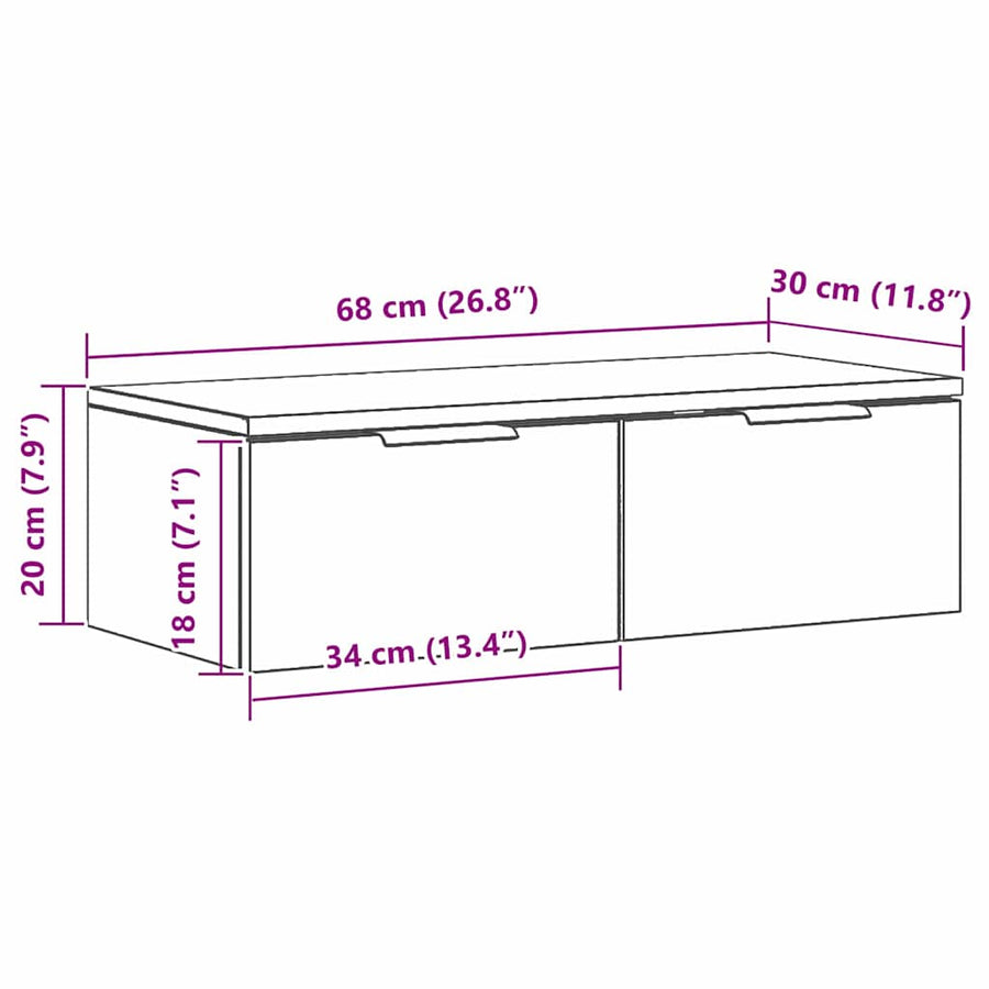 Wandkast met lade Zwart Eiken 68 x 30 x 20 cm Bewerkt hout