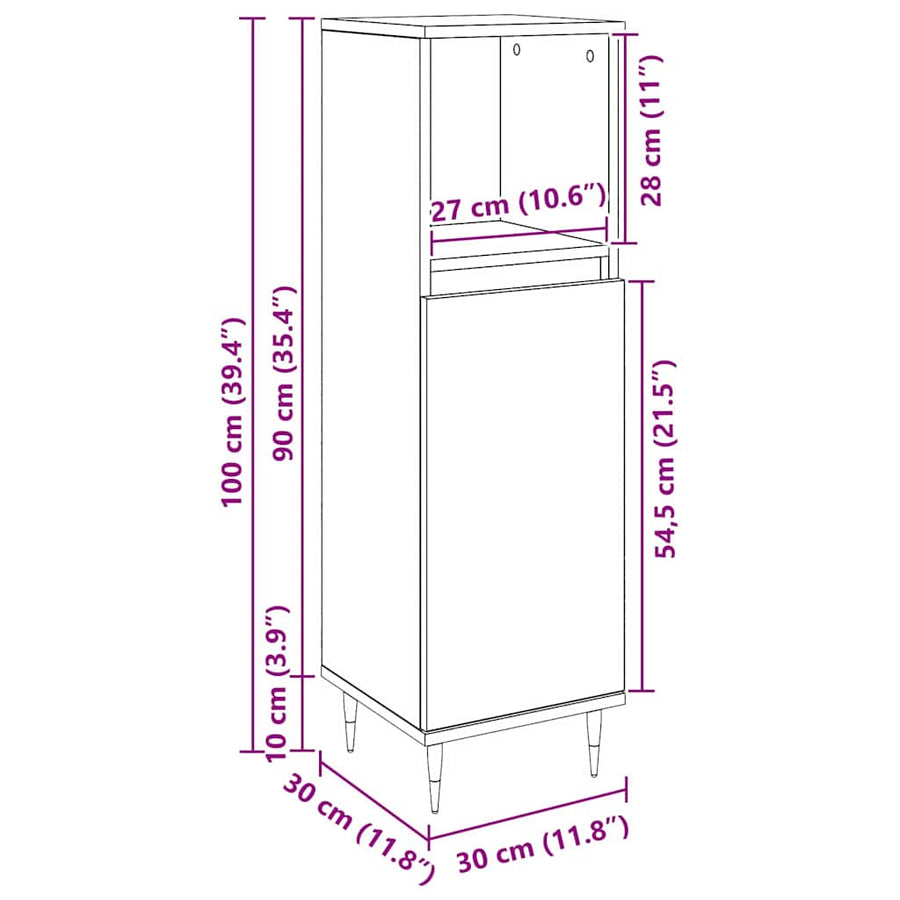 Badkamer Kast Zwart Eiken 30 x 30 x 100 cm Bewerkt hout