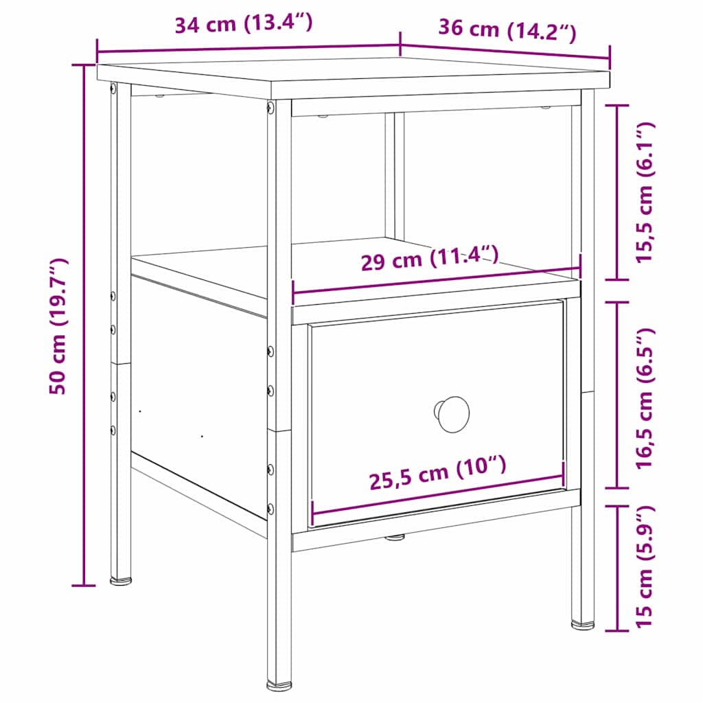 Nachtkastje 2 pcs Zwart Eiken 34 x 36 x 50 cm Bewerkt hout