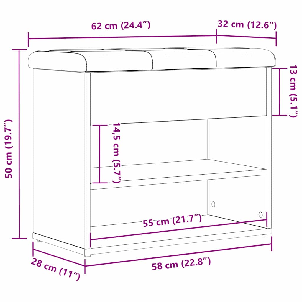 Opslagbank met plank Zwart Eiken 62 x 32 x 50 cm Bewerkt hout