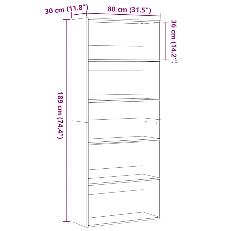 Boekenkast Zwart Eiken 80x30x189 cm Engineered Wood