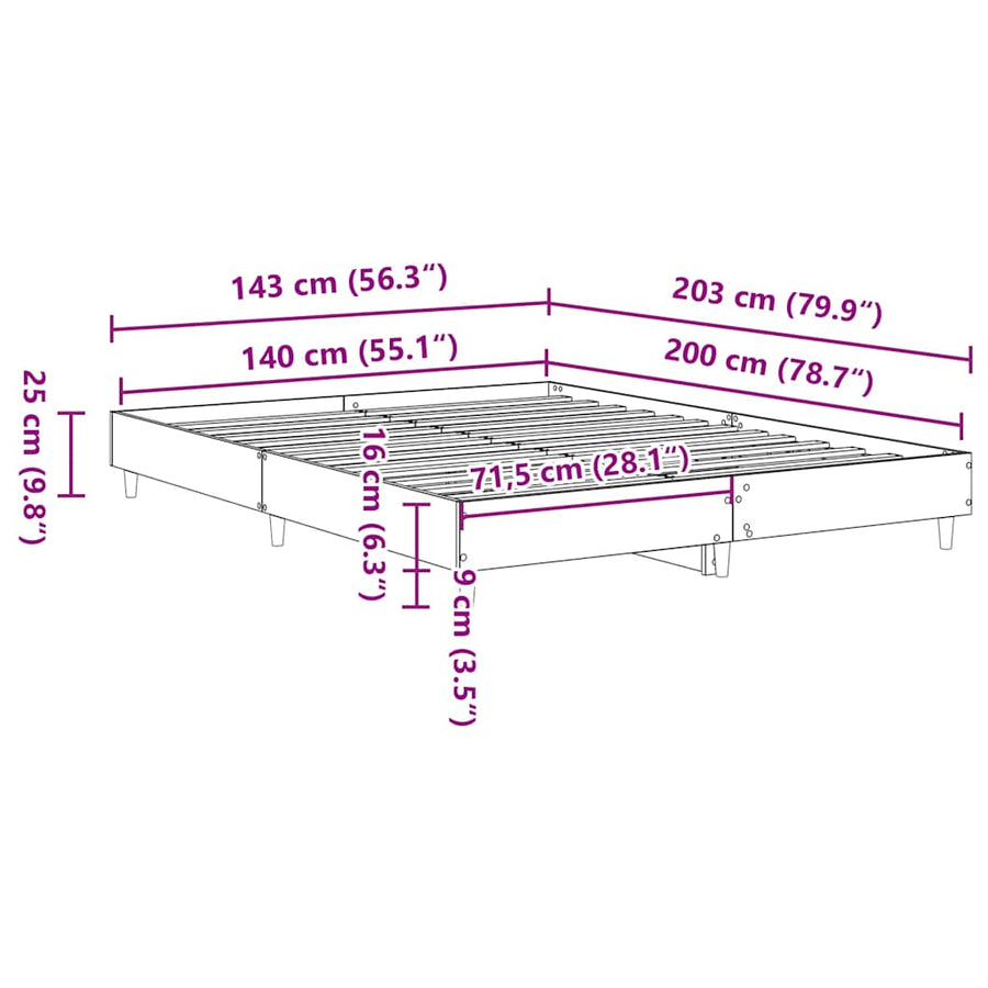 Bedframe Zwart Eiken 203 x 143 x 25 cm Bewerkt hout