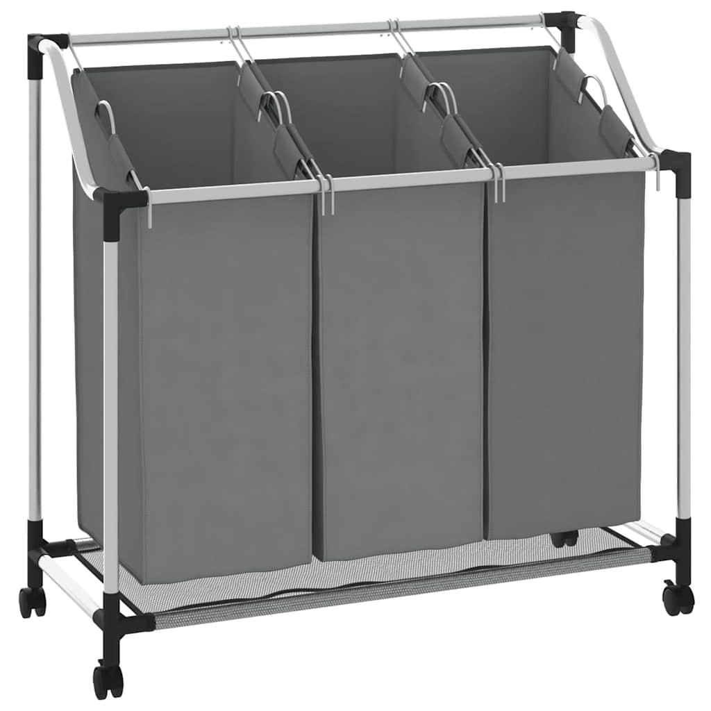 Wasmand met wielen 3 vakken grijs