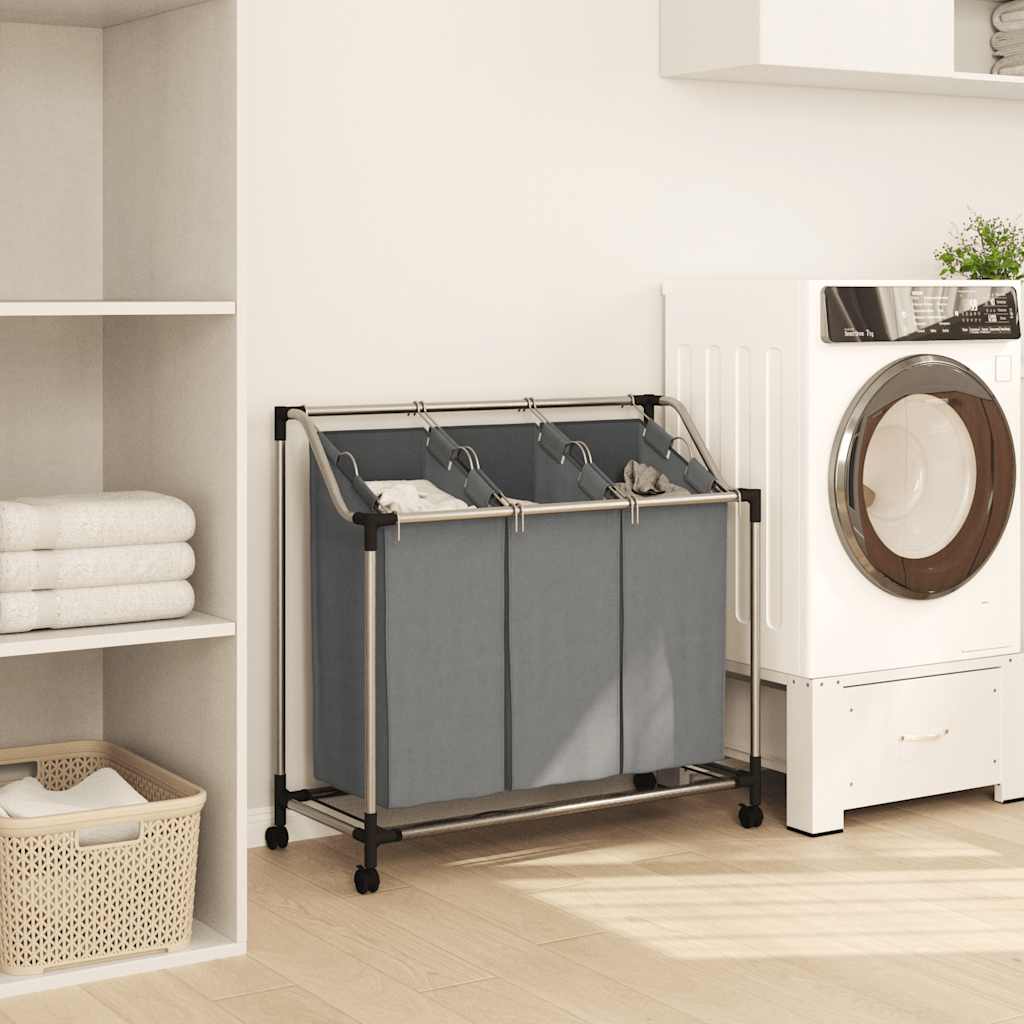 Wasmand met wielen 3 vakken grijs