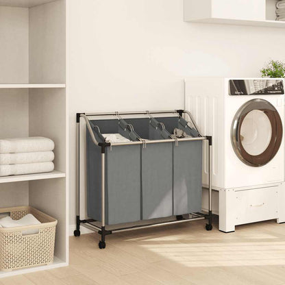 Wasmand met wielen 3 vakken grijs