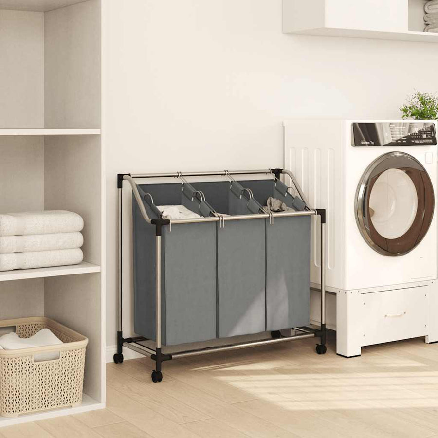 Wasmand met wielen 3 vakken grijs