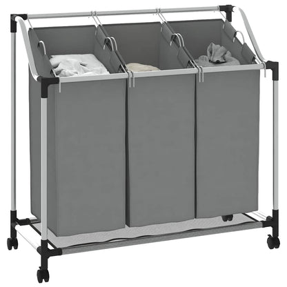 Wasmand met wielen 3 vakken grijs