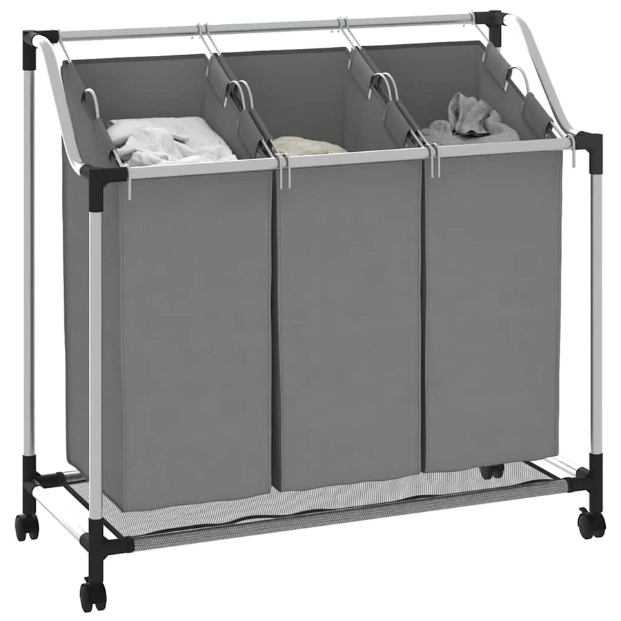 Wasmand met wielen 3 vakken grijs