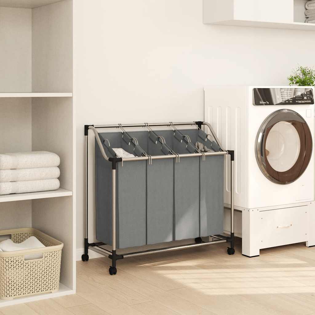Wasmand met wielen 4 vakken grijs