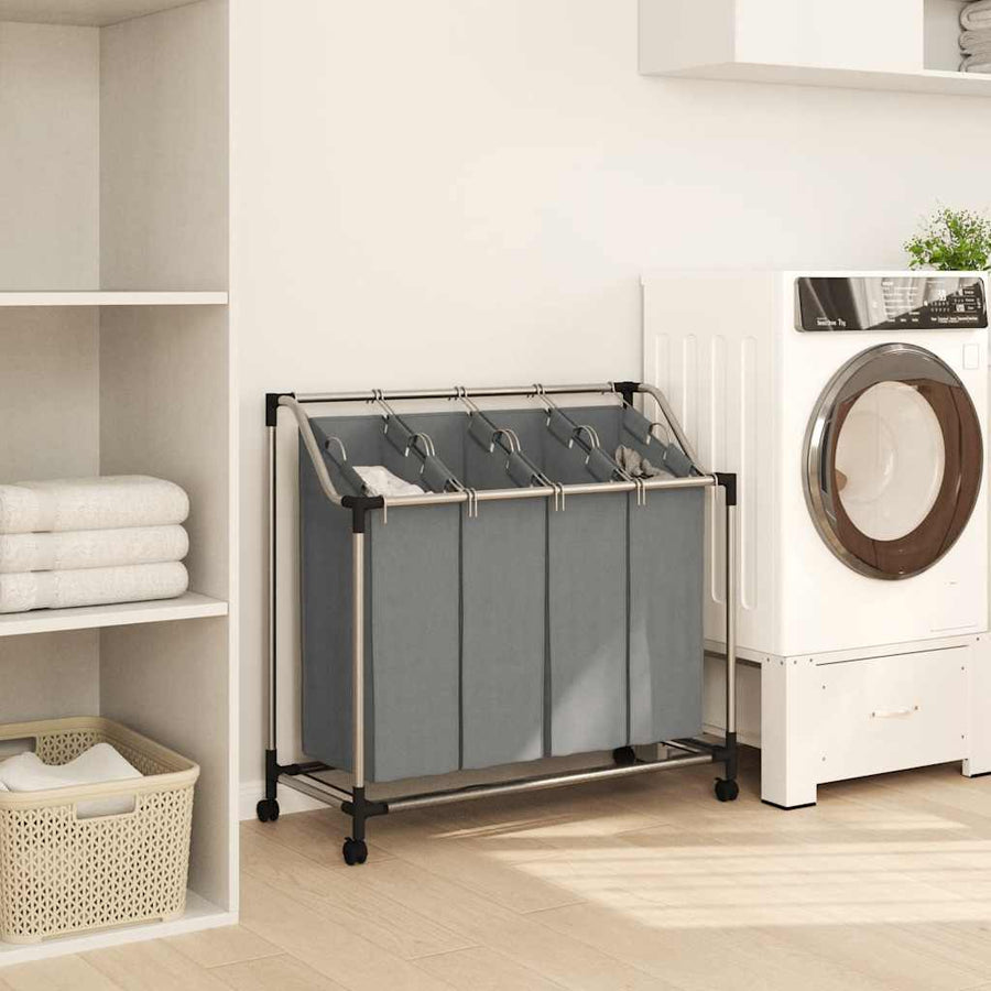 Wasmand met wielen 4 vakken grijs