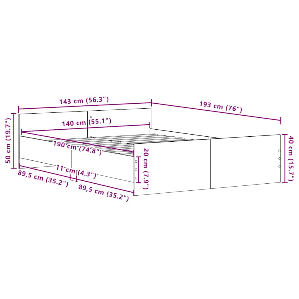 Bedframe zonder matras 140x190 cm bewerkt hout zwart eikenkleur