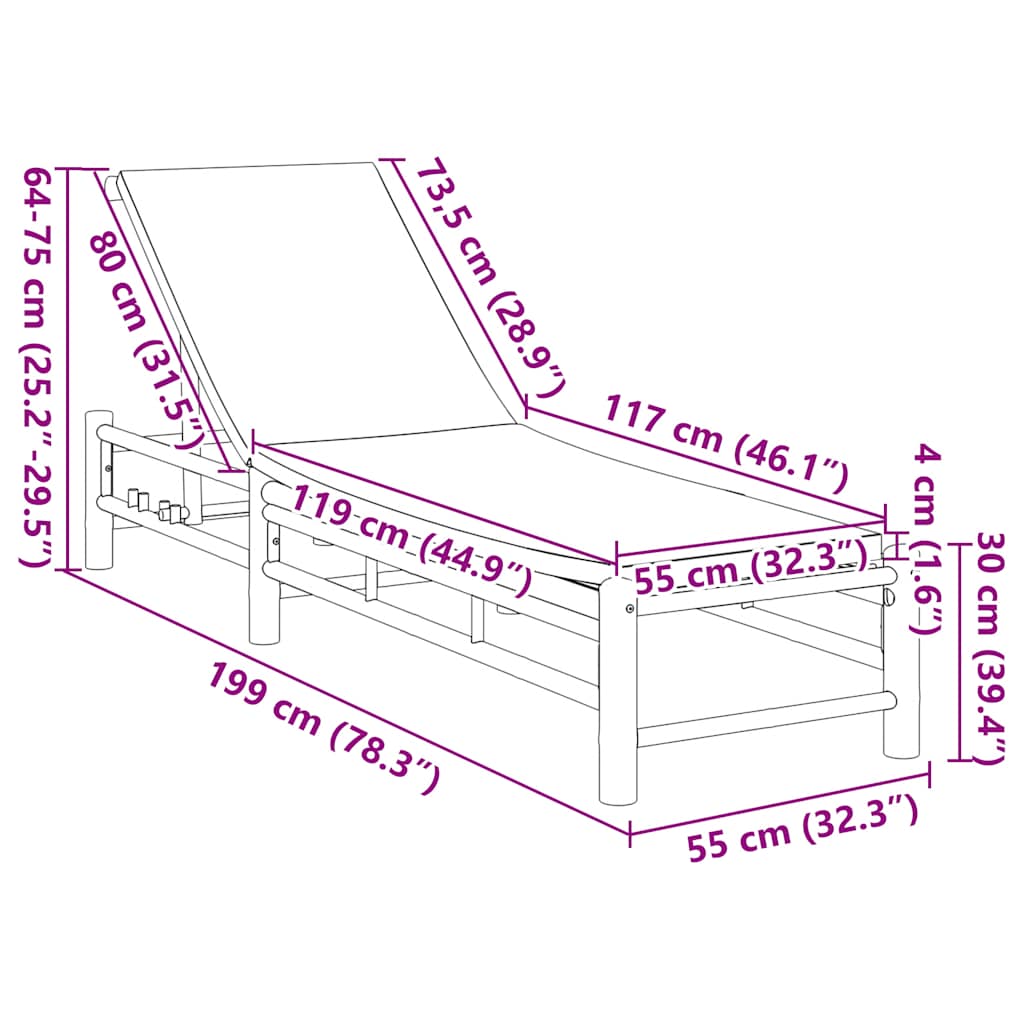 Ligstoel Met Kussens 55X199X30 Cm Bamboe Crèmewit