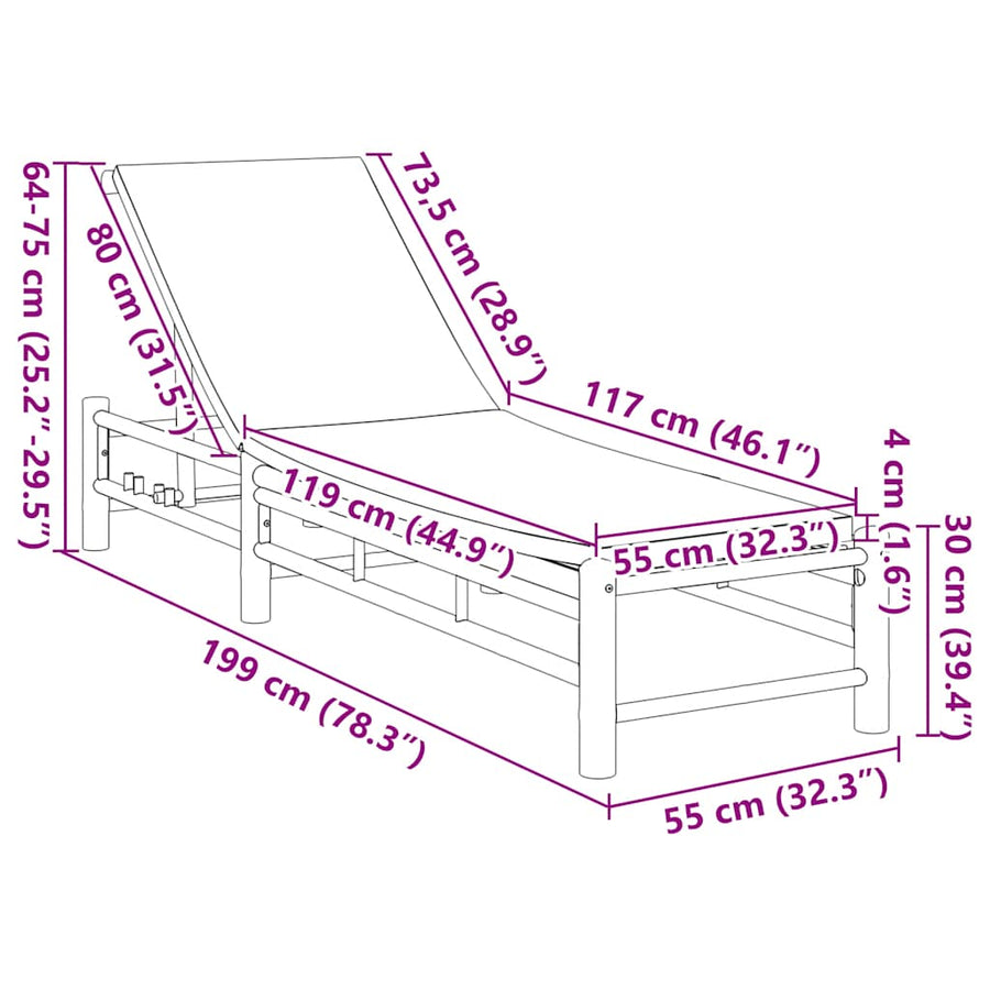 Ligstoel Met Kussens 55X199X30 Cm Bamboe Crèmewit