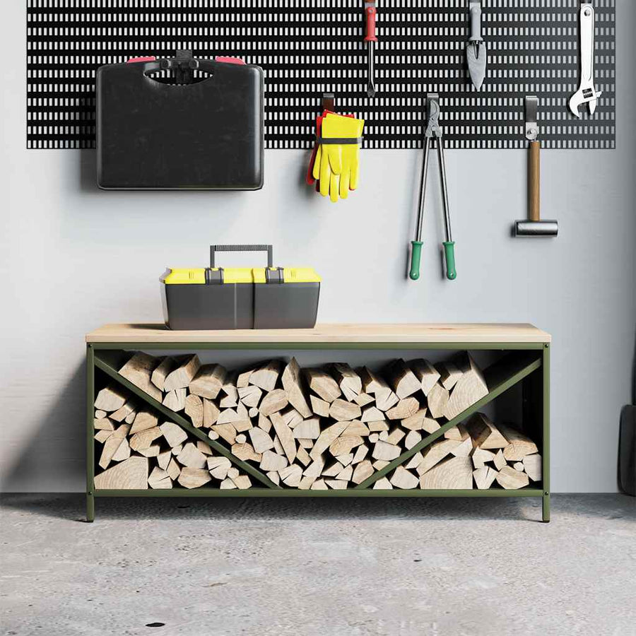 Brandhoutrek Met Houten Blad 100,5X35,5X40 Cm Olijfgroen