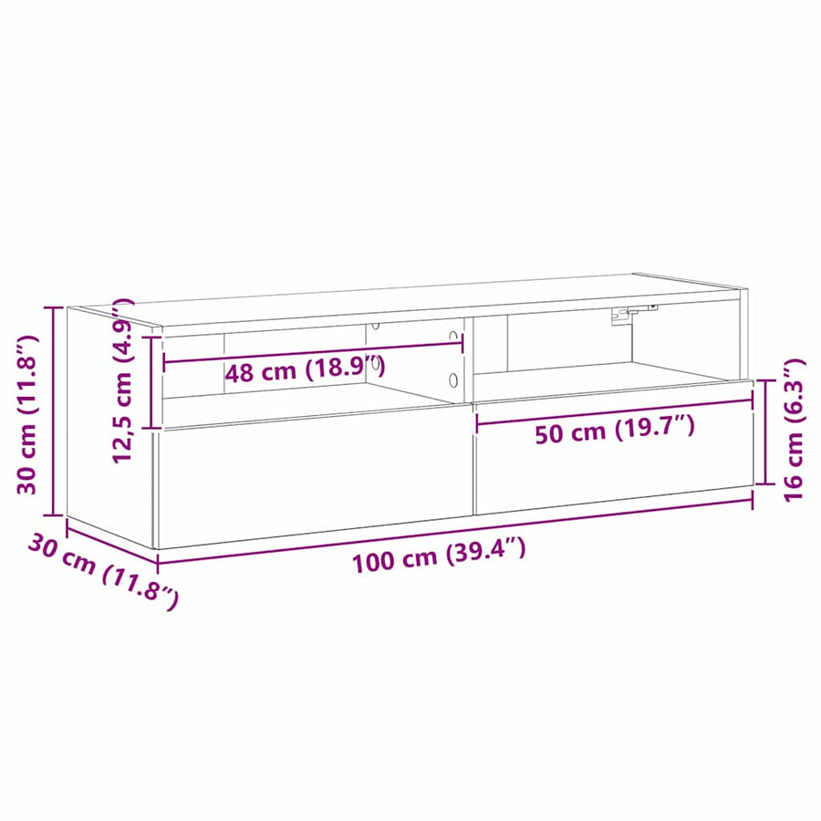 TV Wandkast Zwart Eiken 100 x 30 x 30 cm Bewerkt hout