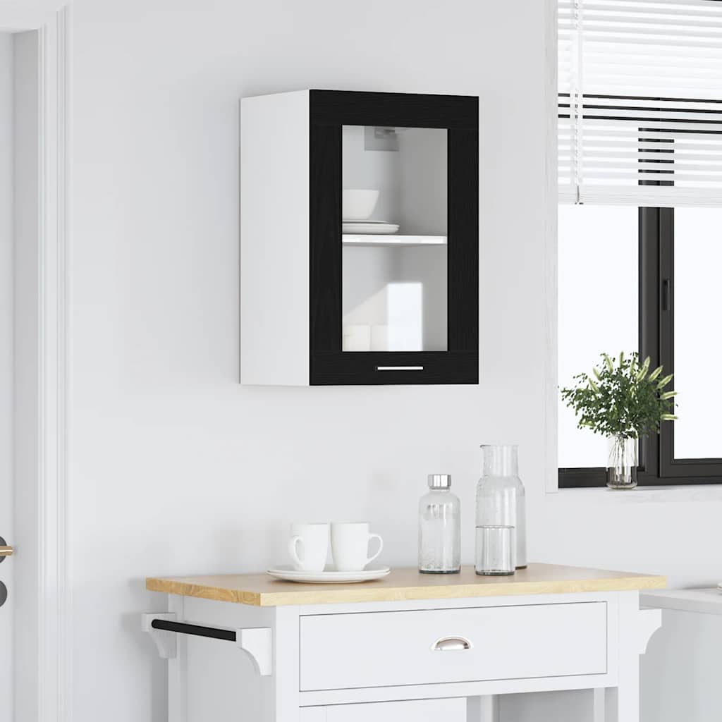 Hangende glazen kast zwart eikenkleurig 40x31x60 cm bewerkt hout