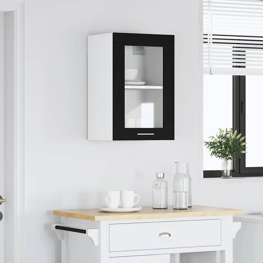 Hangende glazen kast zwart eikenkleurig 40x31x60 cm bewerkt hout