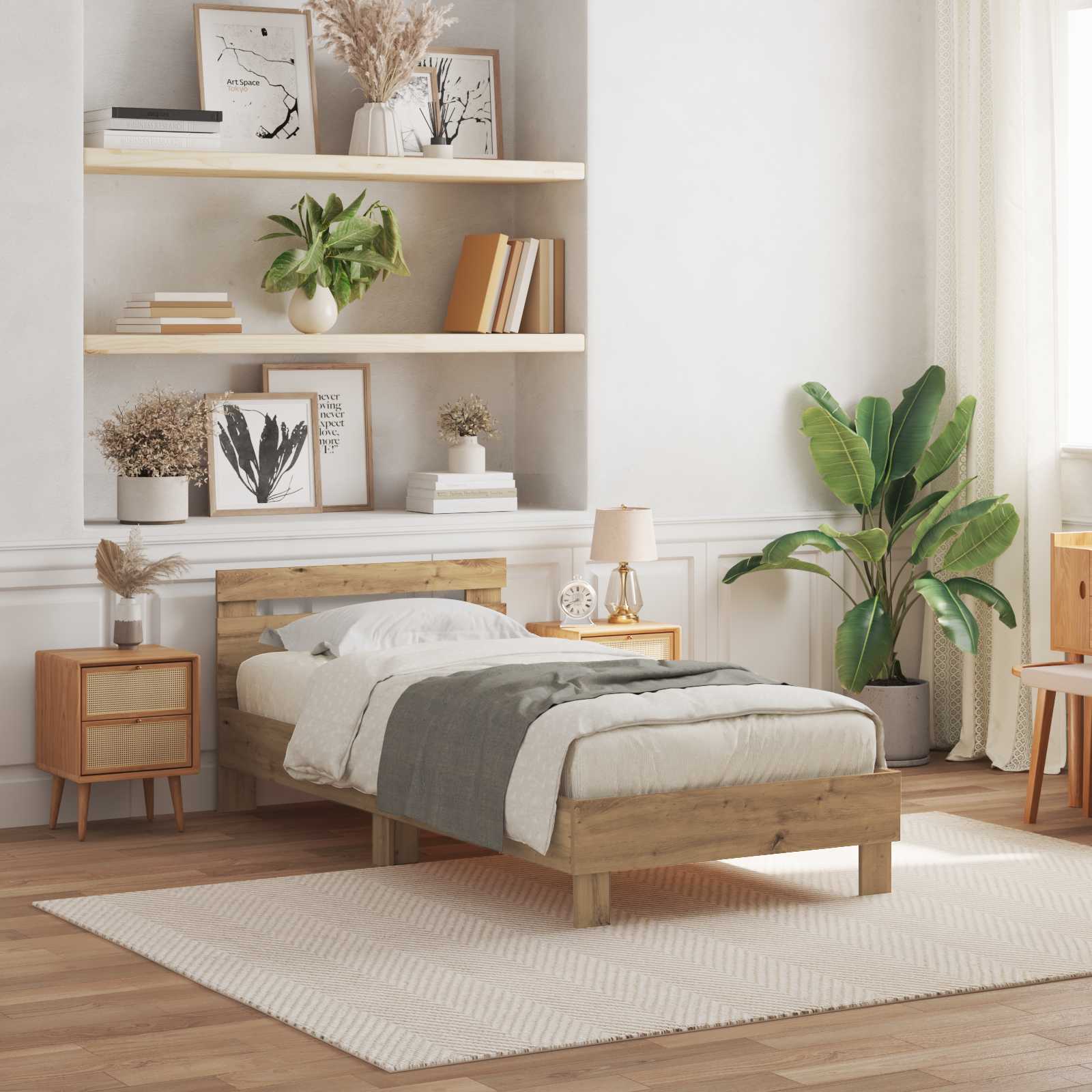 Bedframe met hoofdeinde Artisan Eiken 90 x 190 cm Bewerkt hout