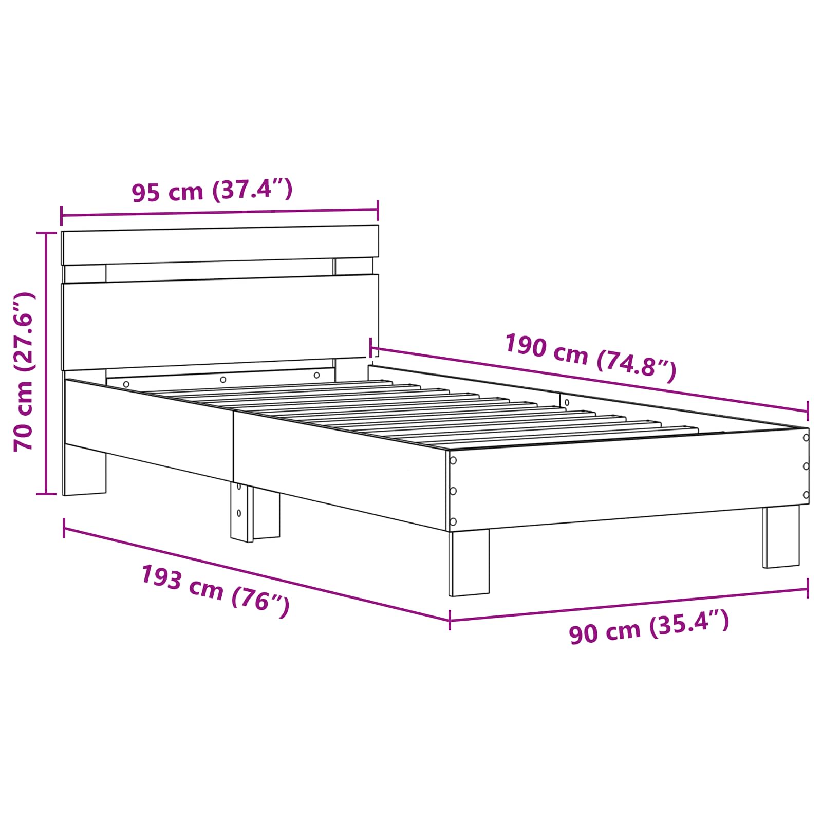 Bedframe met hoofdeinde Artisan Eiken 90 x 190 cm Bewerkt hout